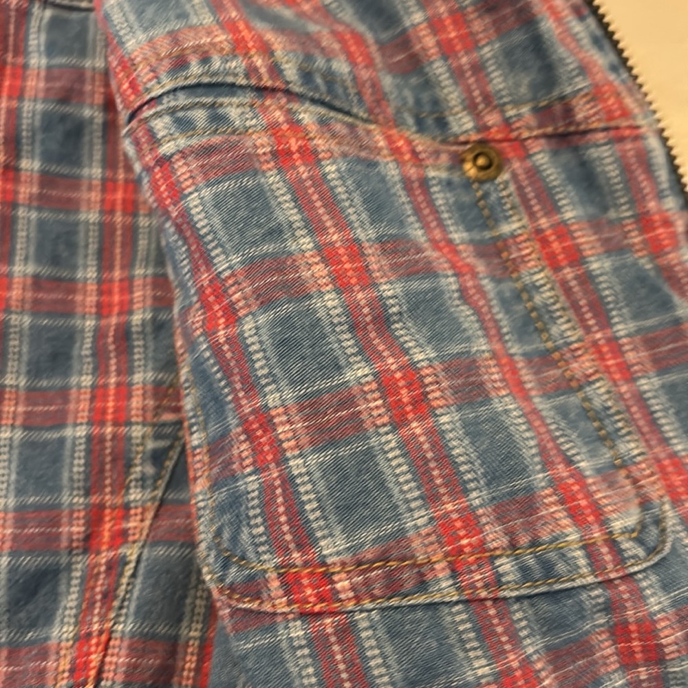 VTG cropped reversible denim jean vest plaid SZ L 100% cotton casual cottagecore - Picture 11 of 12